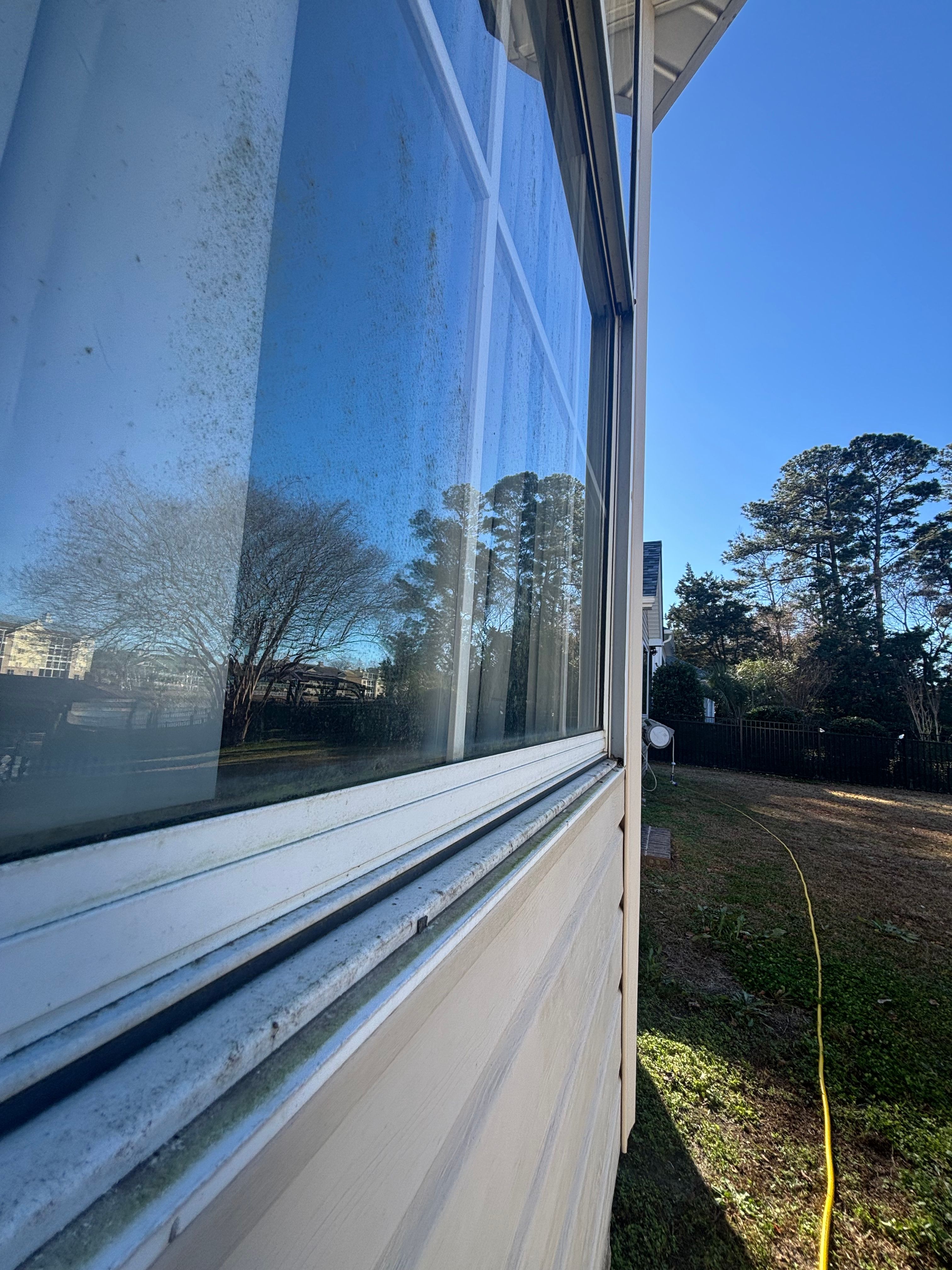 Cloudy glass with water spots and pollen buildup.
